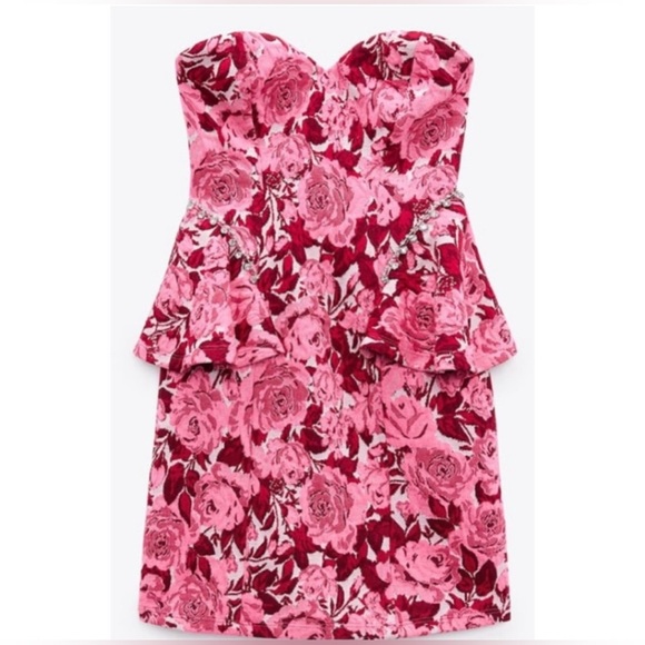 Zara Floral Jacquard Dress. Size S, pink color NWT - Picture 1 of 12